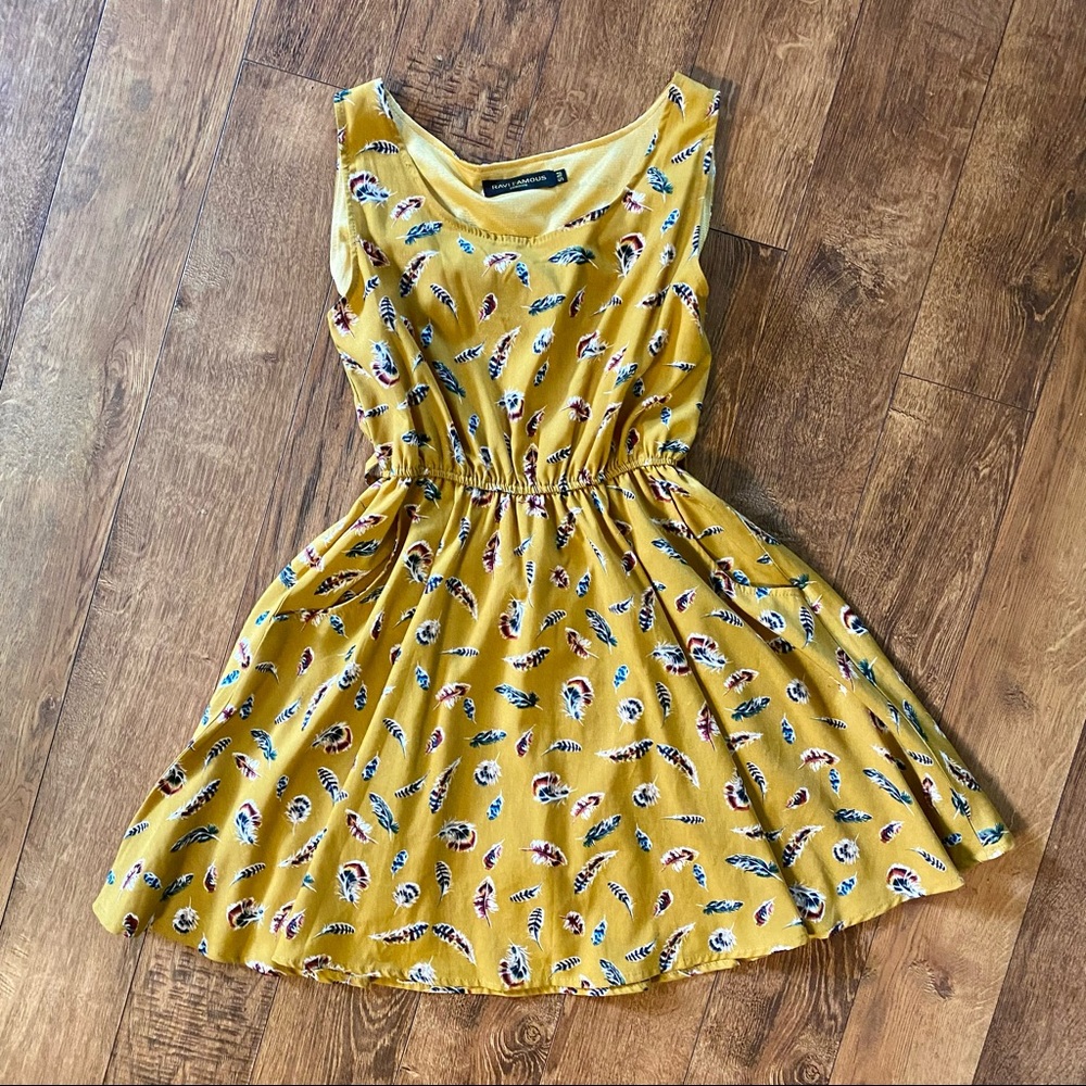 Yellow Feather Print Skater Style Dress